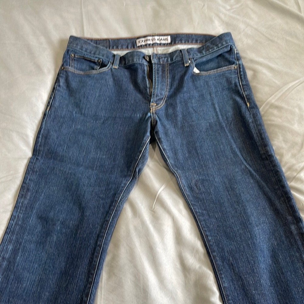 Express mens jeans slim fit straight leg dark blue color no fade